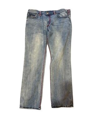 True Religion Light Blue Rickey Straight Jeans with Red Stitching